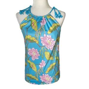 Gretchen Scott Aqua Blue Mystic Garden Floral Tassel Halter Tank Top - XS